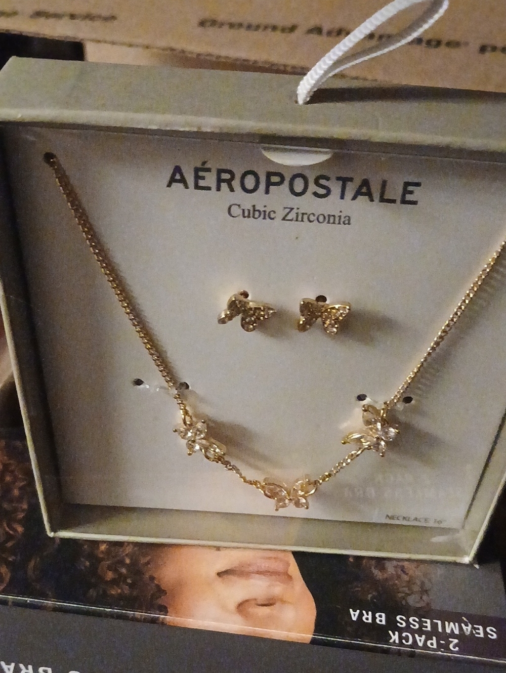 Aeropostale Gold Butterfly Cubic Zirconia Necklace & Earring Set